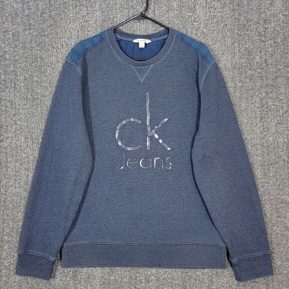 Calvin Klein Jeans Sweatshirt Mens Large Blue CK Logo Crewneck Elbow Patches - Picture 1 of 13
